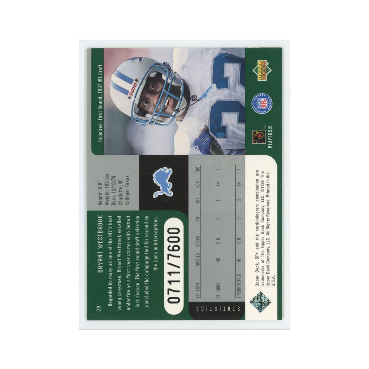 Bryant Westbrook #/7600 1998 Upper Deck SPx #29 Detroit Lions Football Card NM