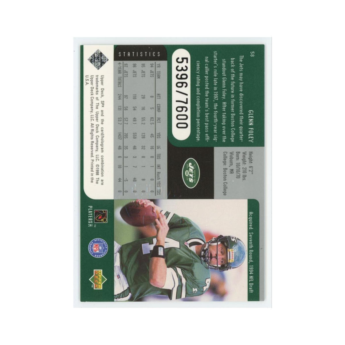 Glenn Foley #/7600 1998 Upper Deck SPx #58 New York Jets Football Card NM
