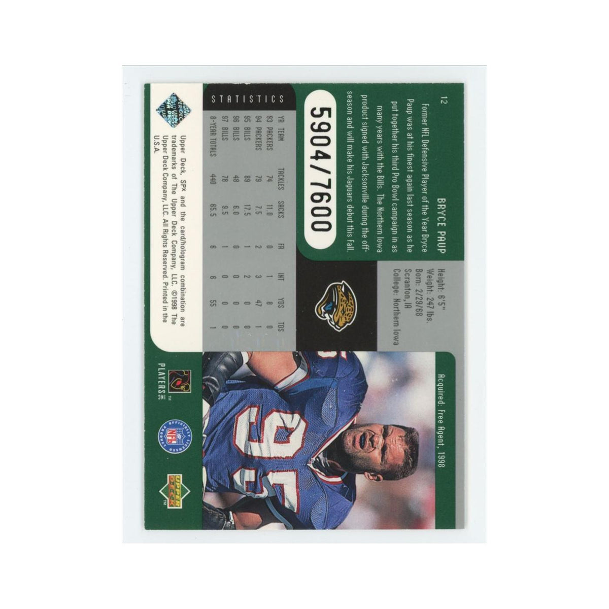 Bryce Paup #/7600 1998 Upper Deck SPx #12 Buffalo Bills Football Card NM