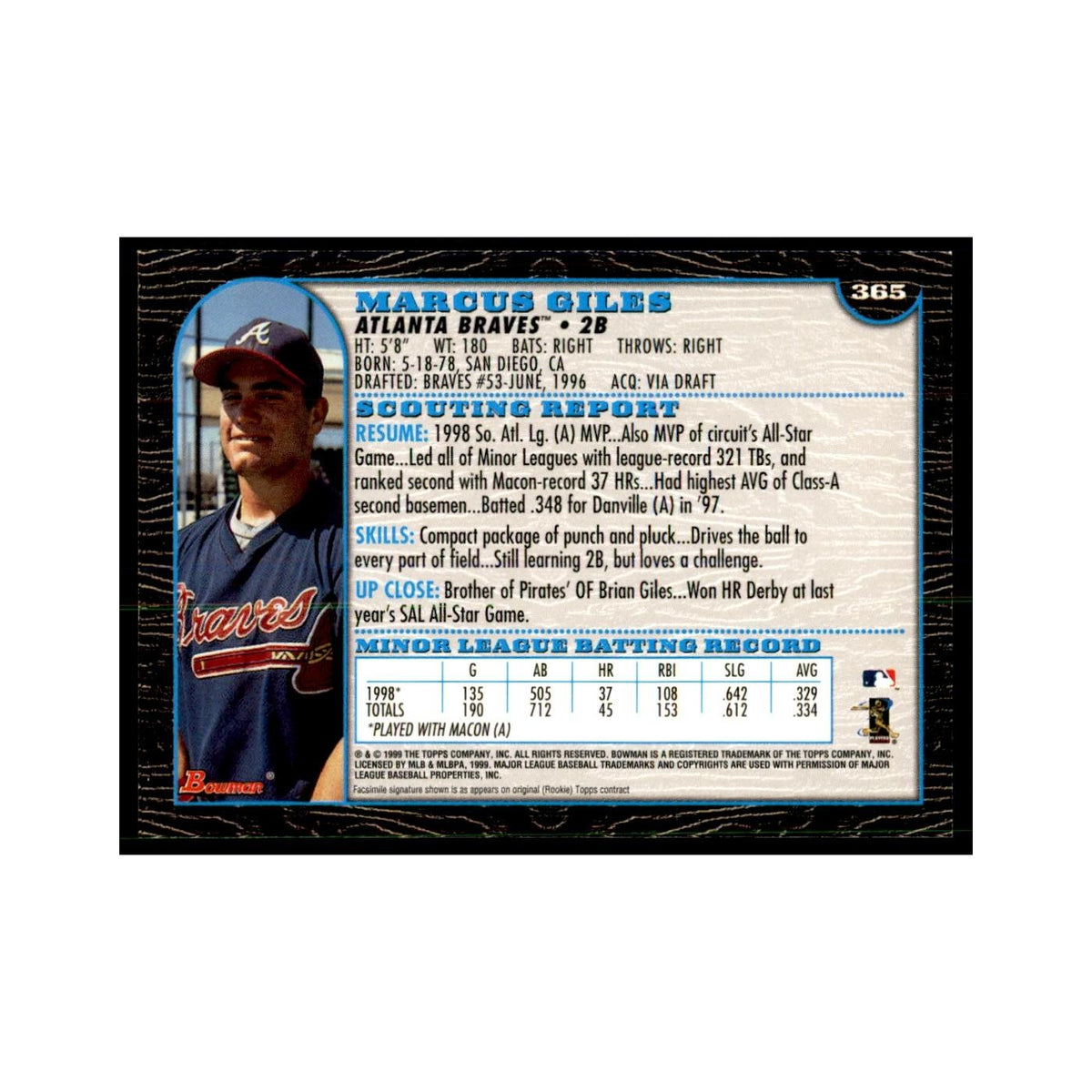 1999 Bowman Marcus Giles Baseball Cards #365