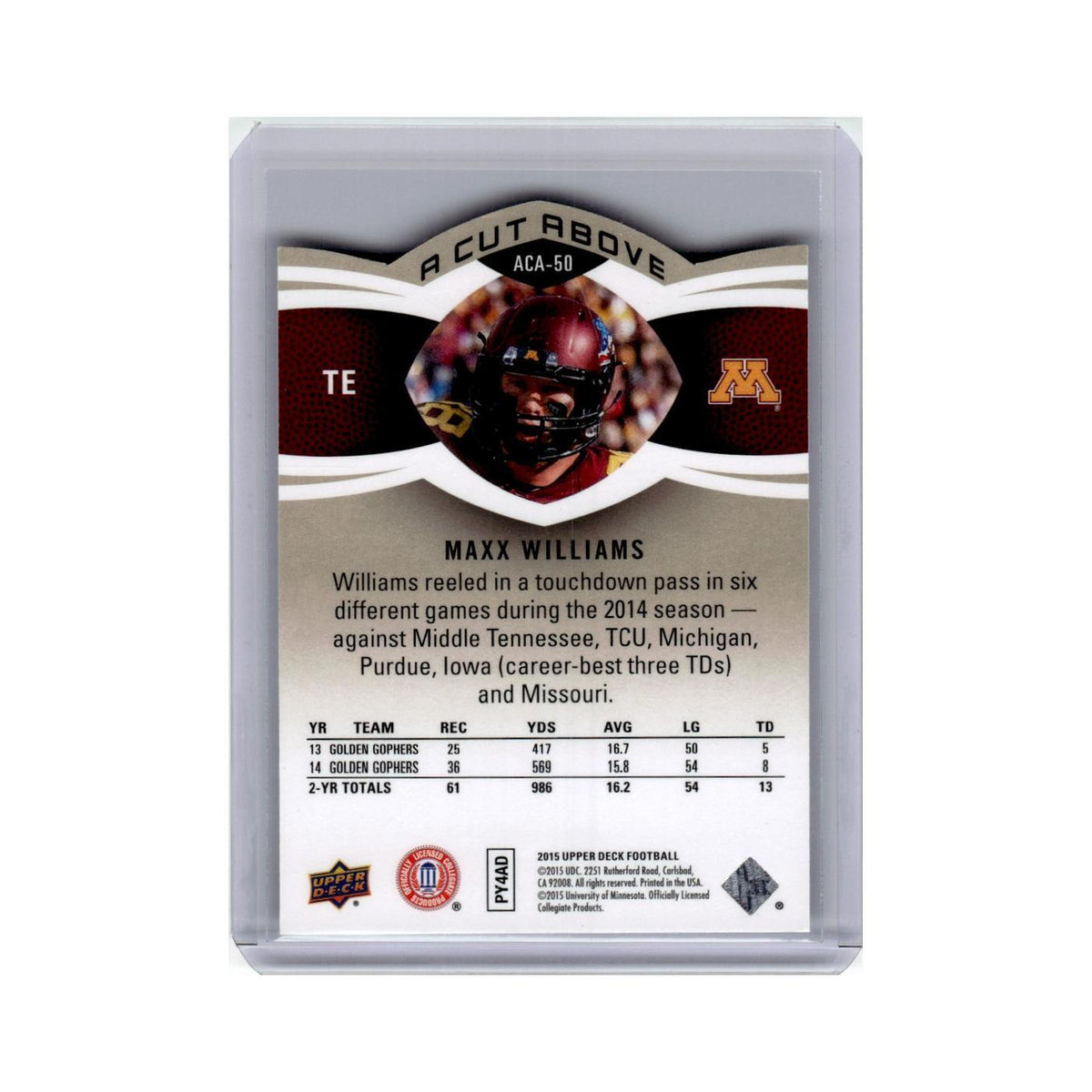 Maxx Williams 2015 Upper Deck A Cut Above #ACA-50 Minnesota Golden Gophers NM