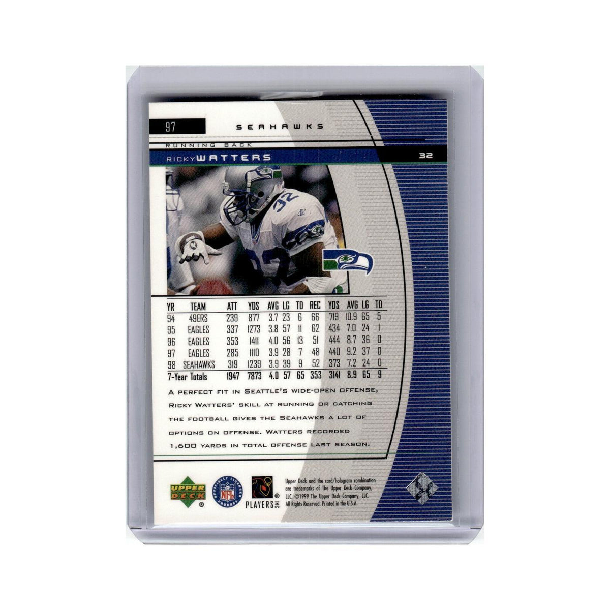 Ricky Watters 1999 Upper Deck Black Diamond #97 Seattle Seahawks NM