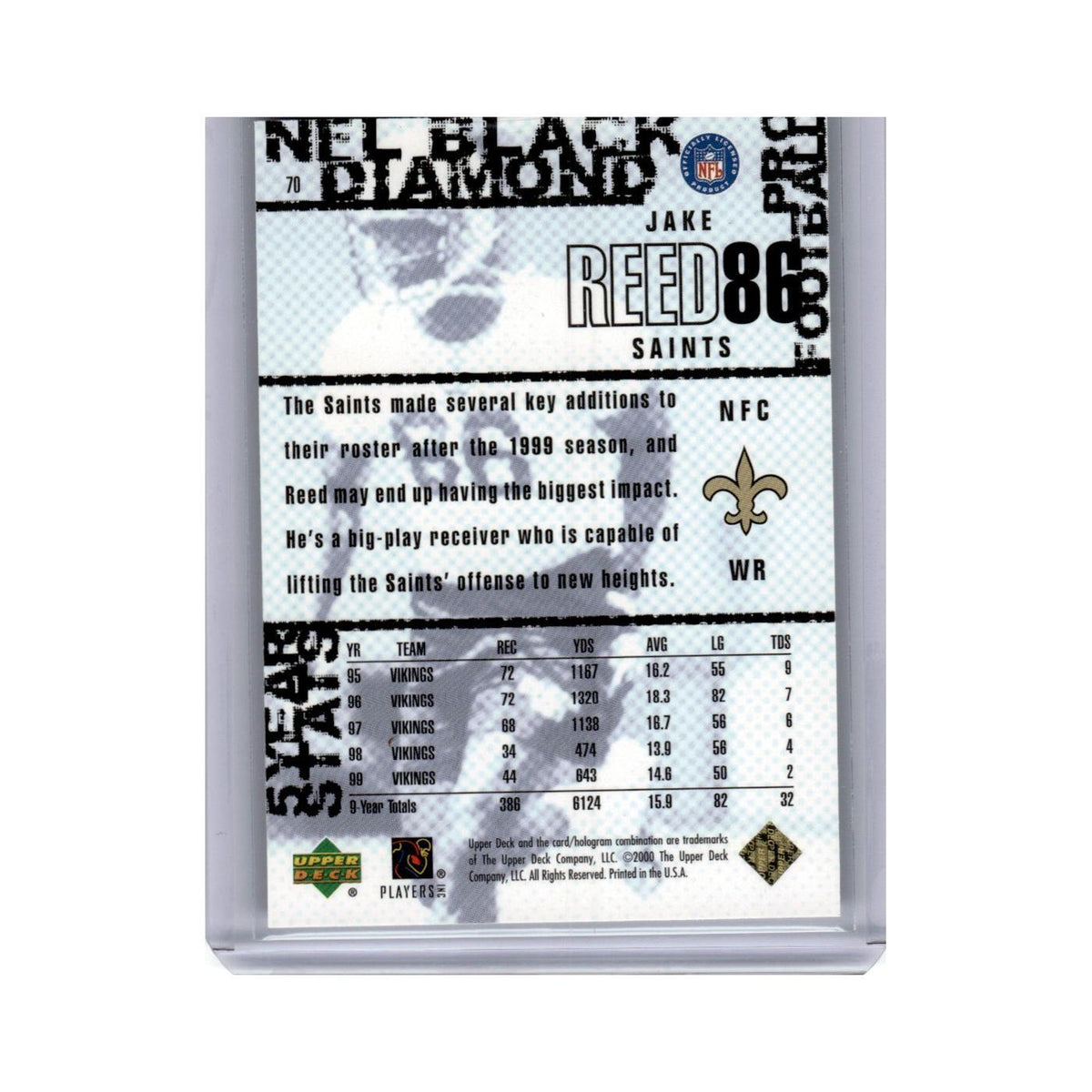 Jake Reed 2000 Upper Deck Black Diamond #70 New Orleans Saints Football Card NM