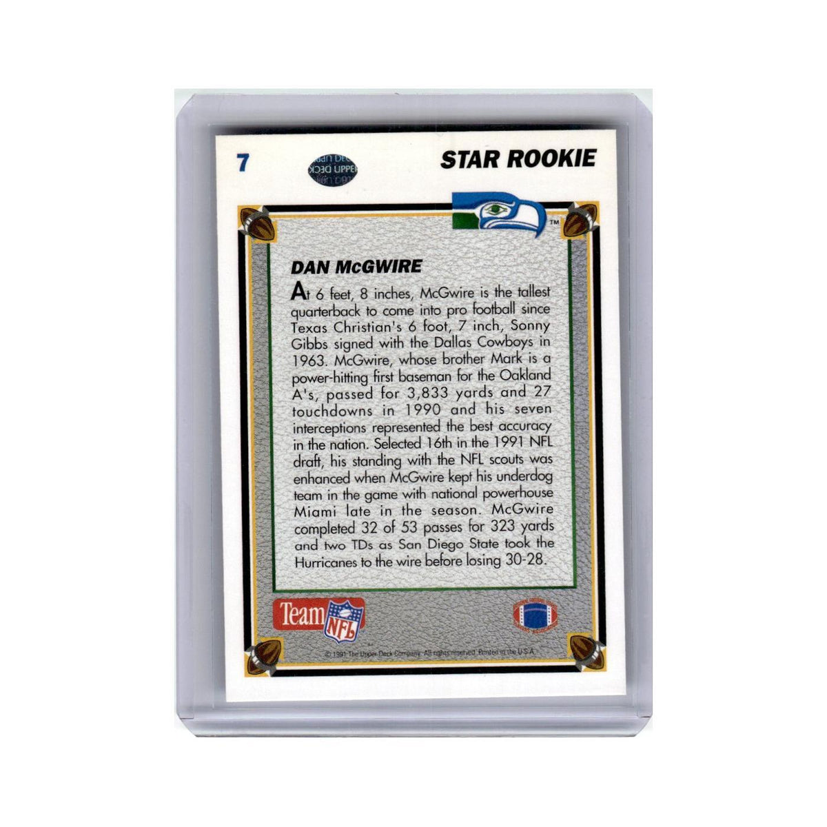 Dan McGwire Rookie 1991 Upper Deck #7 Seattle Seahawks Football Card NM