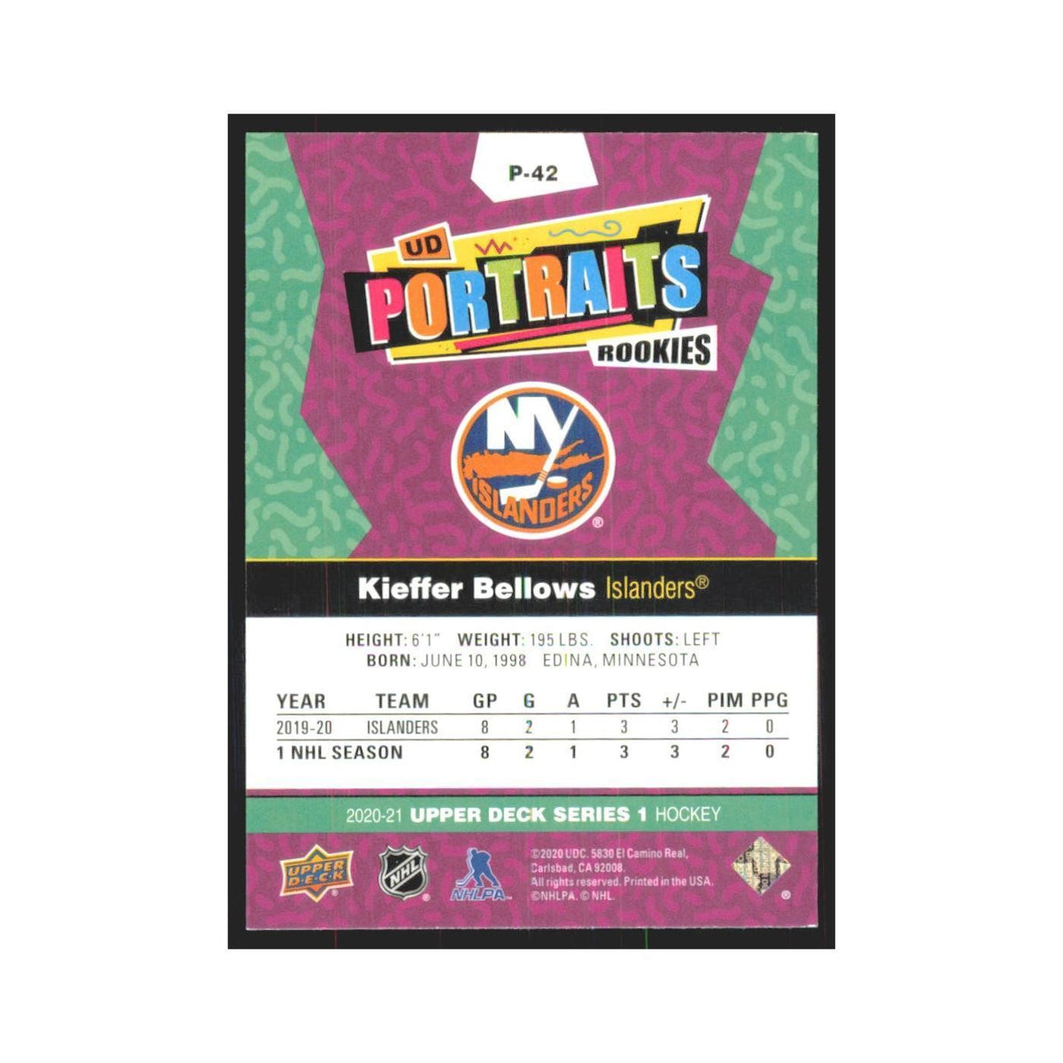 2020 Upper Deck UD Portraits Kieffer Bellows New York Islanders #P-42