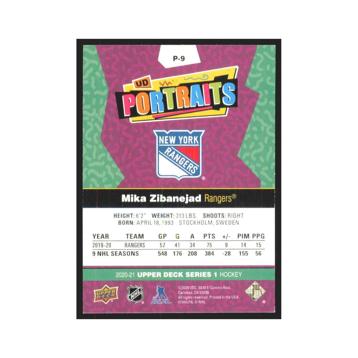 2020 Upper Deck UD Portraits Mika Zibanejad New York Rangers #P-9