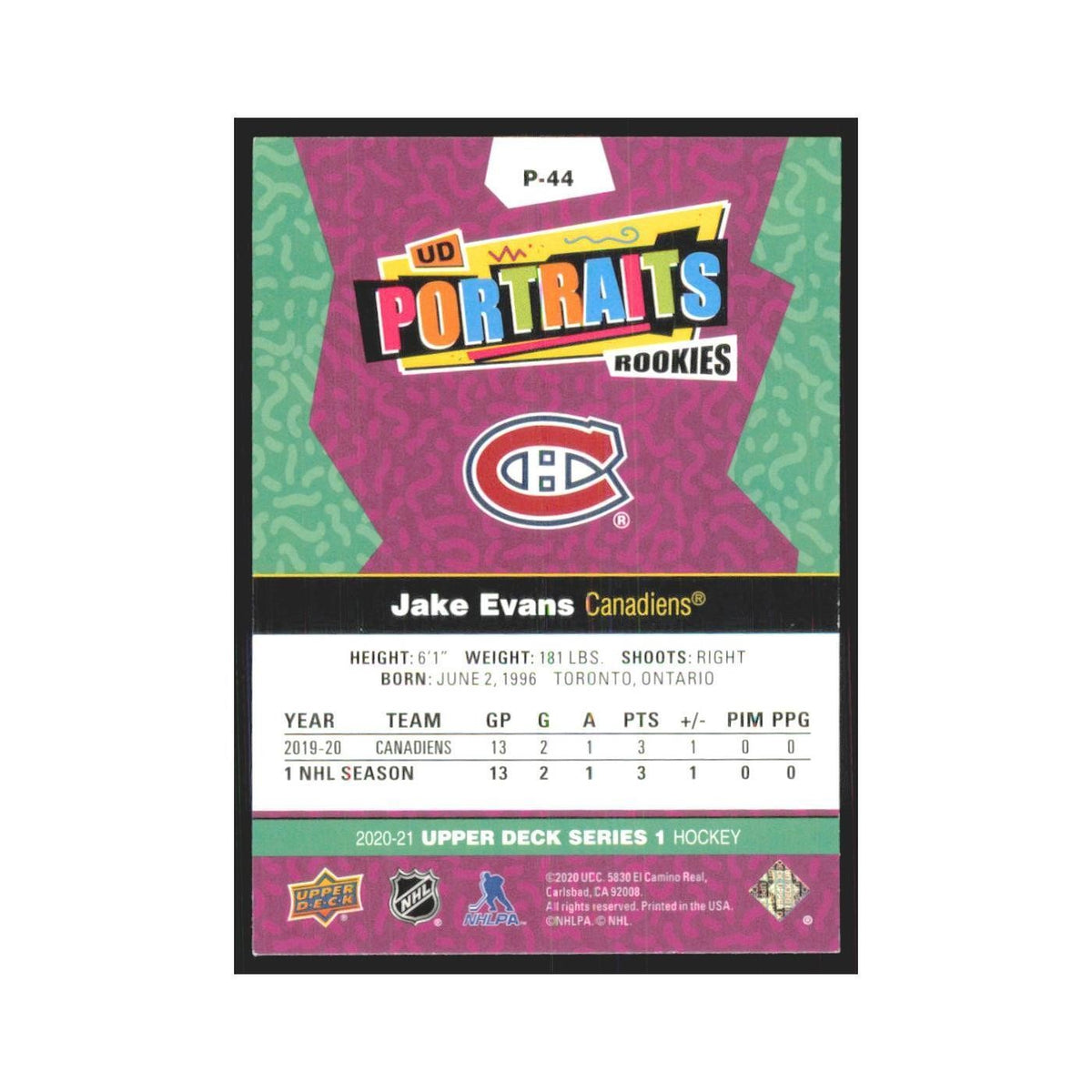 2020 Upper Deck UD Portraits Jake Evans Montreal Canadiens #P-44