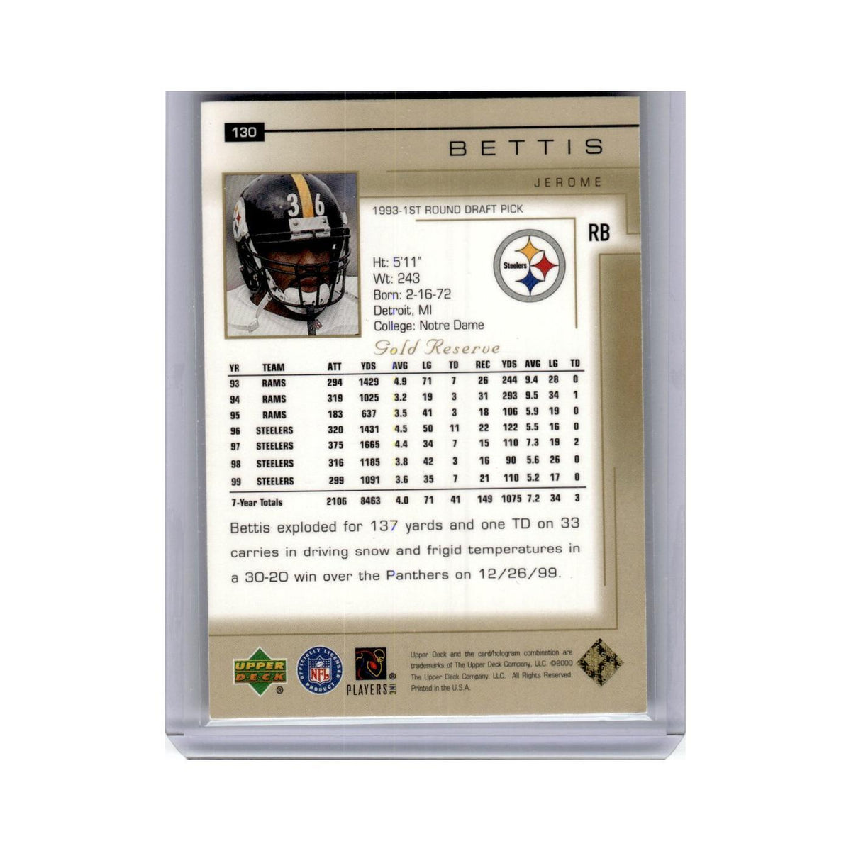 Jerome Bettis 2000 Upper Deck Gold Reserve #130 Pittsburgh Steelers NM