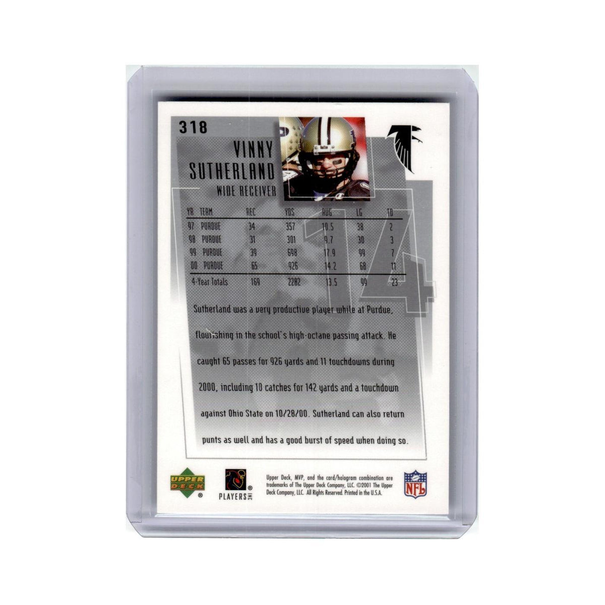 Vinny Sutherland Rookie 2001 Upper Deck MVP #318 Atlanta Falcons NM