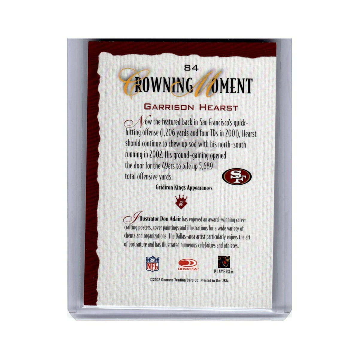 Garrison Hearst 2002 Donruss Gridiron Kings #84 San Francisco 49ers NM