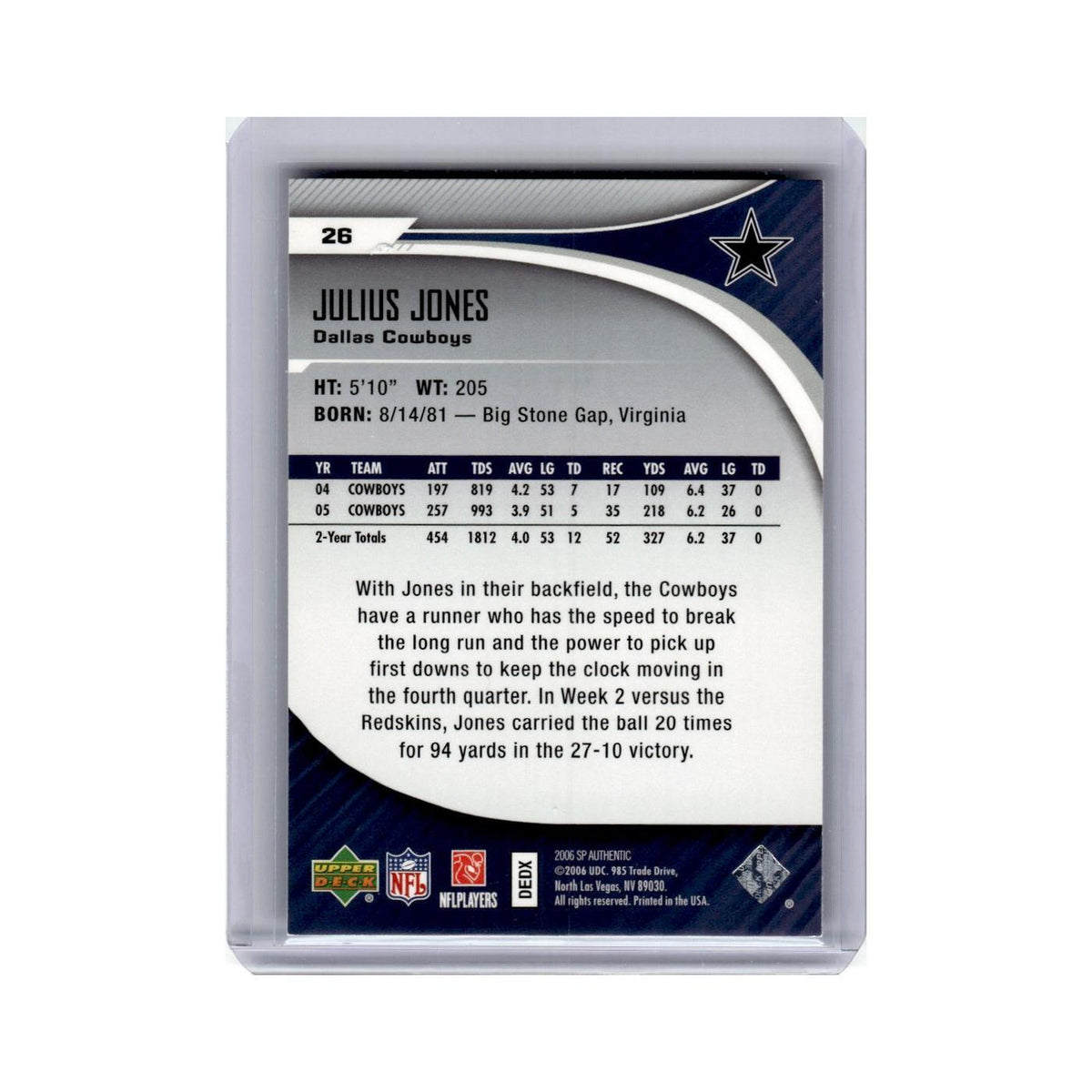 Julius Jones 2006 SP Authentic #26 Dallas Cowboys Football Card NM