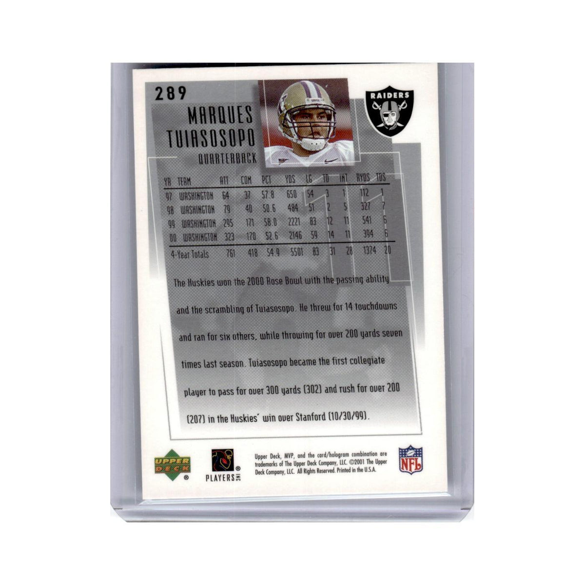Marques Tuiasosopo 2001 Upper Deck MVP #289 Oakland Raiders Football Card NM