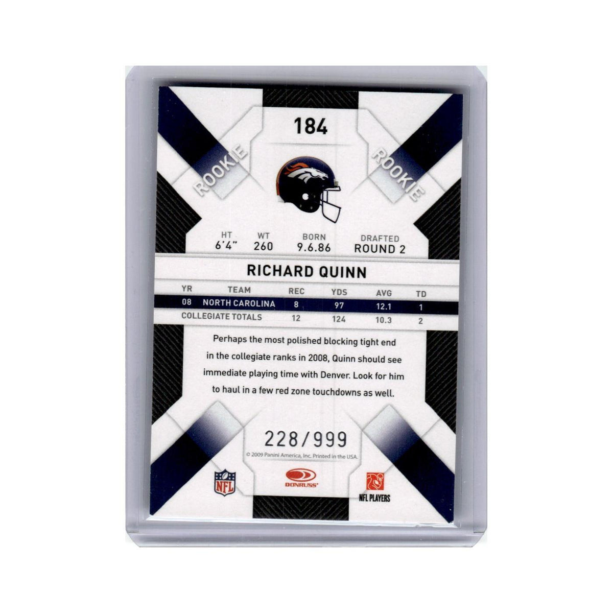 Richard Quinn #/999 2009 Donruss Threads #184 Denver Broncos Football Card NM