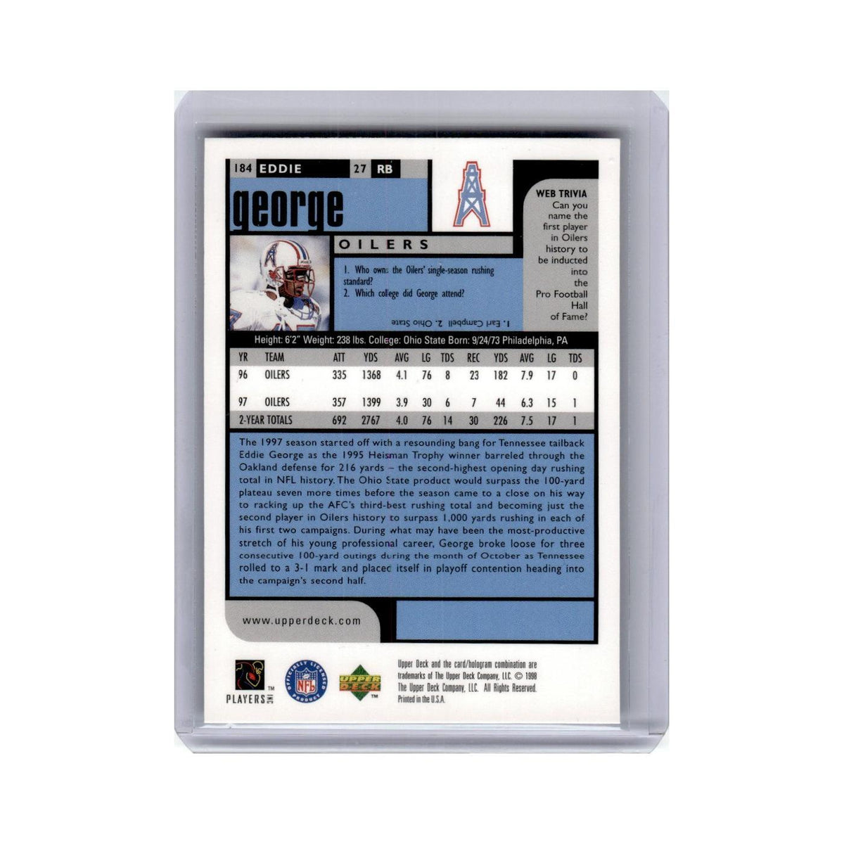 Eddie George 1998 UD Choice #184 Tennessee Oilers Football Card NM