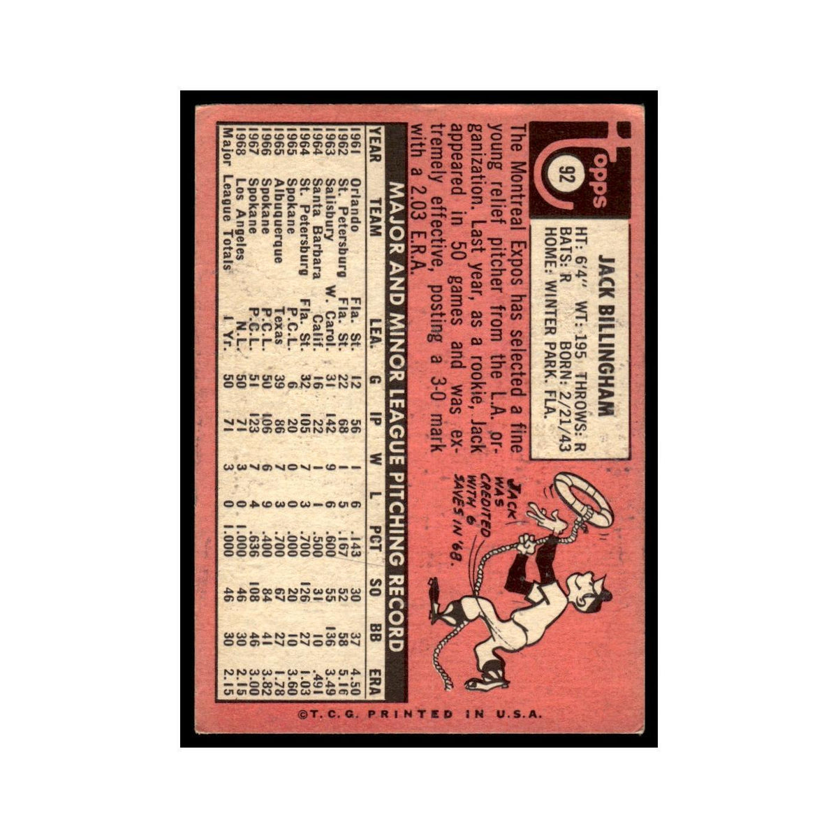 1969 Topps (Damaged) Jack Billingham Montreal Expos #92