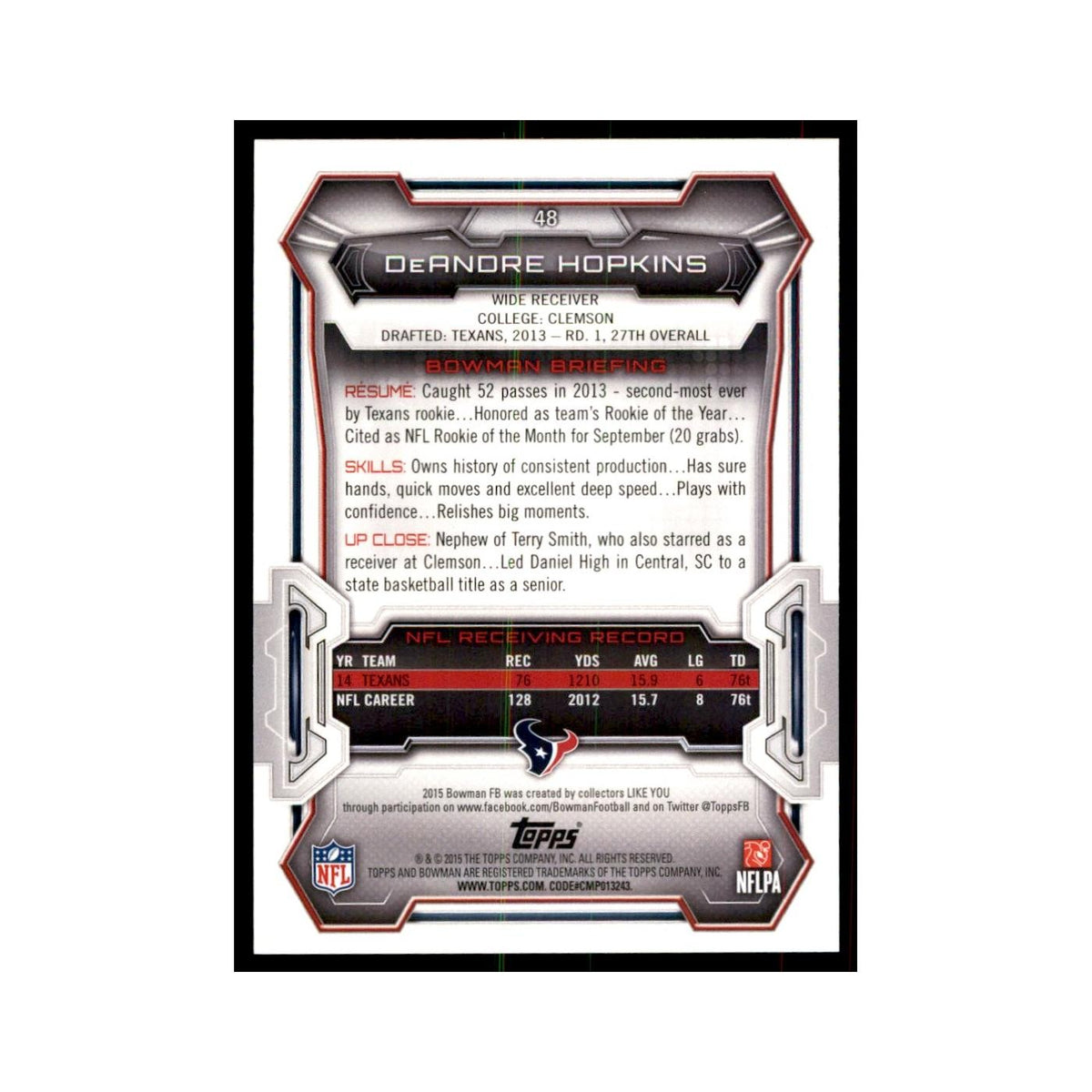 2015 Bowman Foil DeAndre Hopkins Football Cards #48