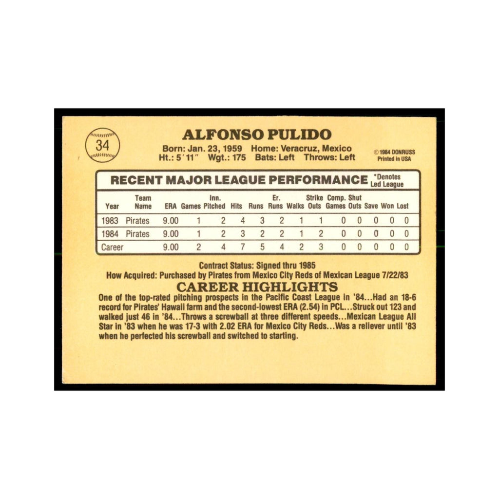 1985 Donruss Alfonso Pulido Baseball Cards #34