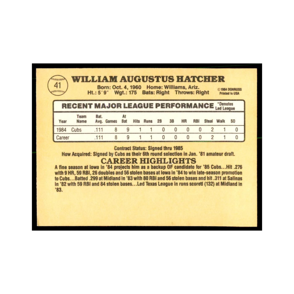 1985 Donruss Billy Hatcher Baseball Cards #41