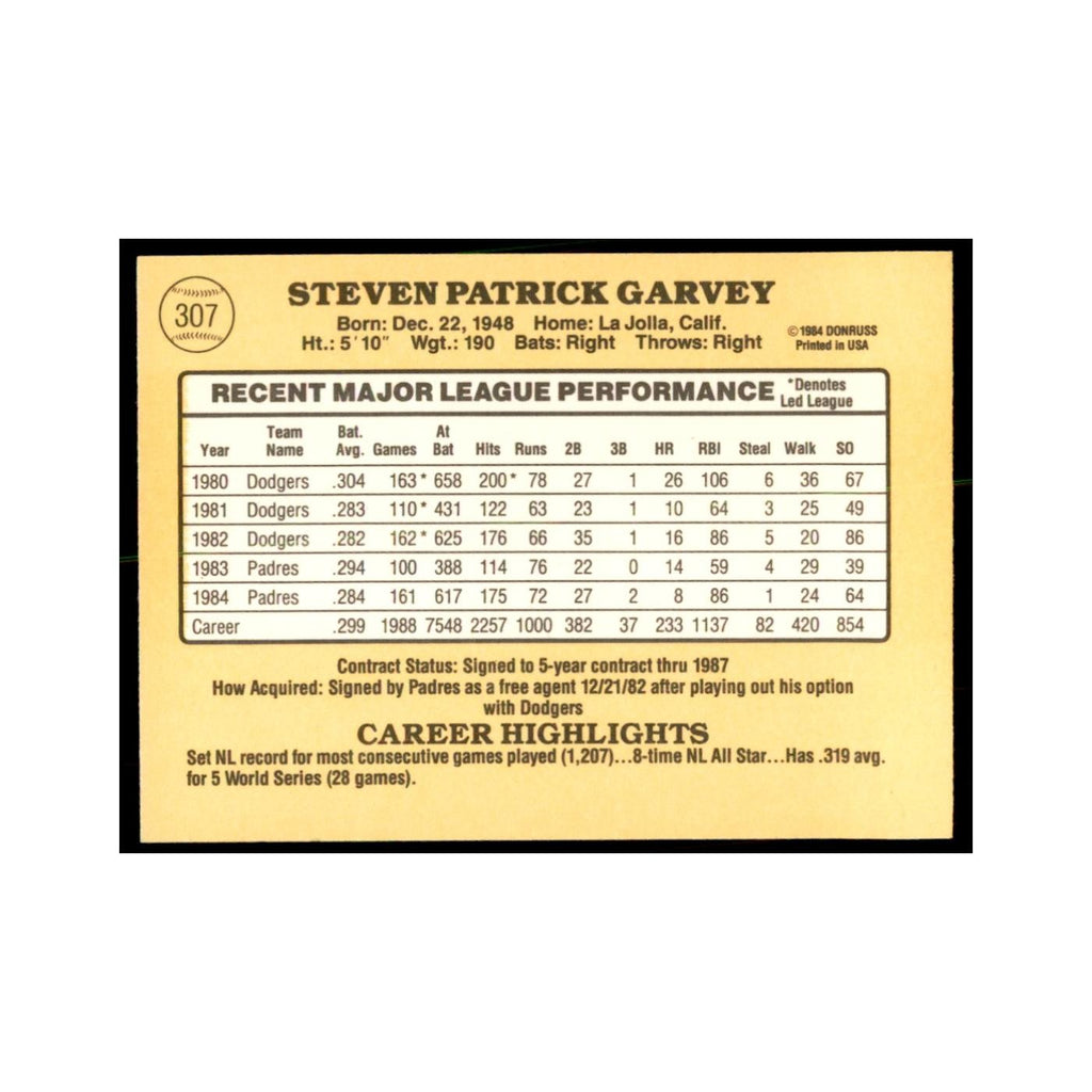 1985 Donruss Steve Garvey Baseball Cards #307