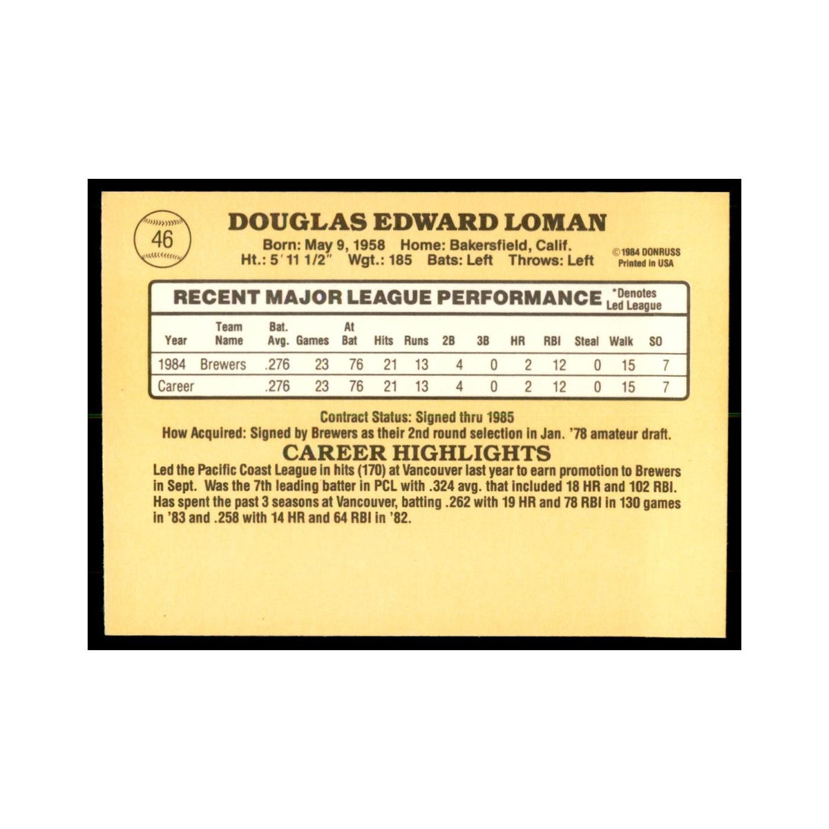1985 Donruss Doug Loman Baseball Cards #46