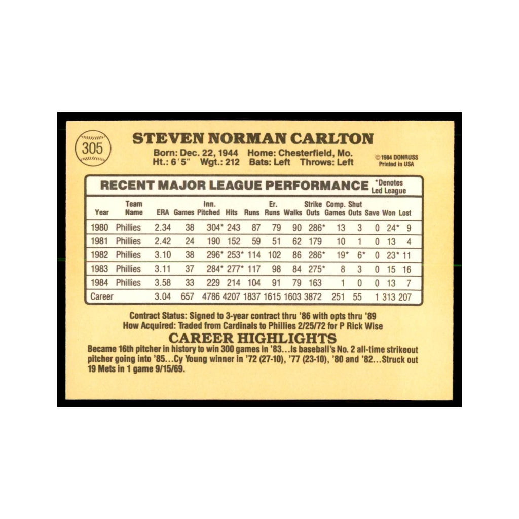 1985 Donruss Steve Carlton Baseball Cards #305