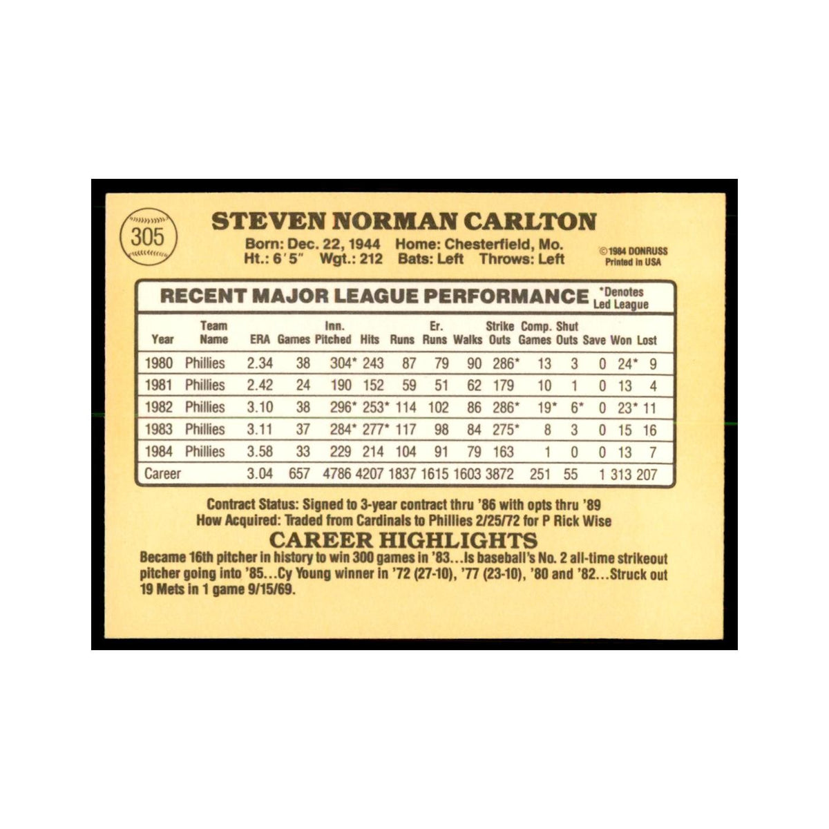 1985 Donruss Steve Carlton Baseball Cards #305