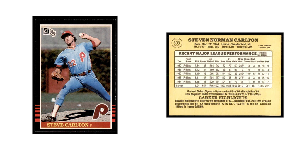 1985 Donruss Steve Carlton Baseball Cards #305