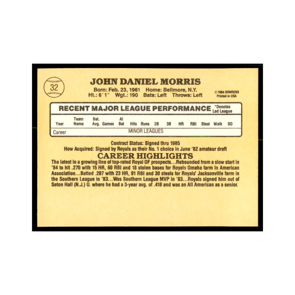 1985 Donruss John Morris Baseball Cards #32