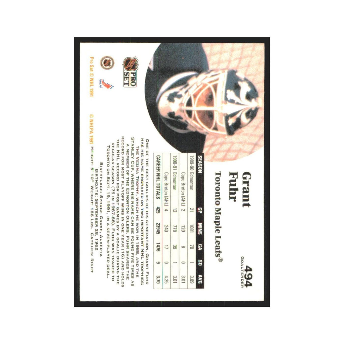 1991 Pro Set Grant Fuhr Toronto Maple Leafs #494