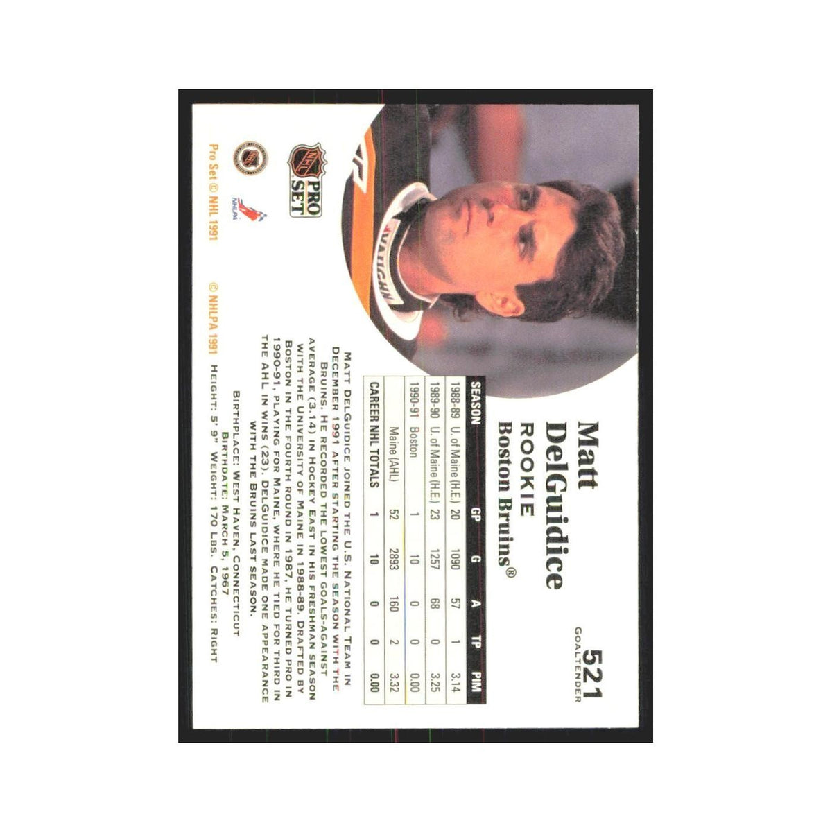 1991 Pro Set Matt DelGuidice RC Boston Bruins #521