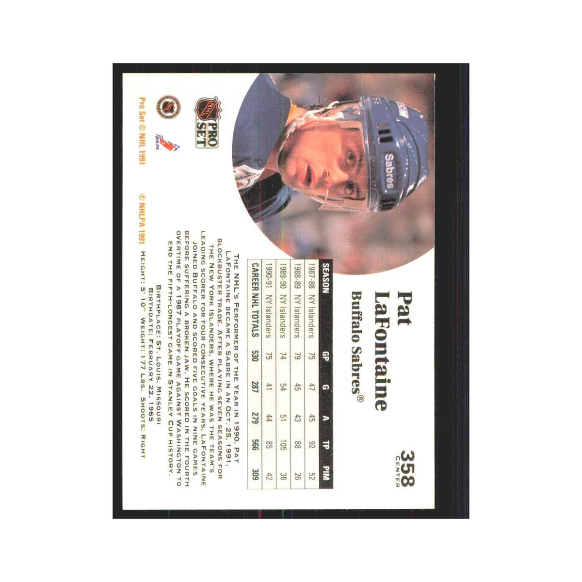 1991 Pro Set Pat LaFontaine Buffalo Sabres #358