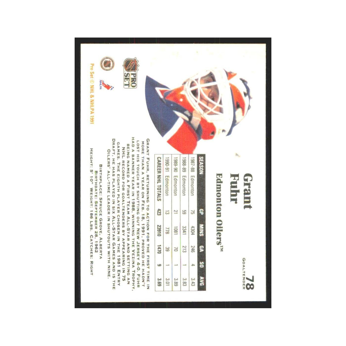 1991 Pro Set Grant Fuhr Edmonton Oilers #78
