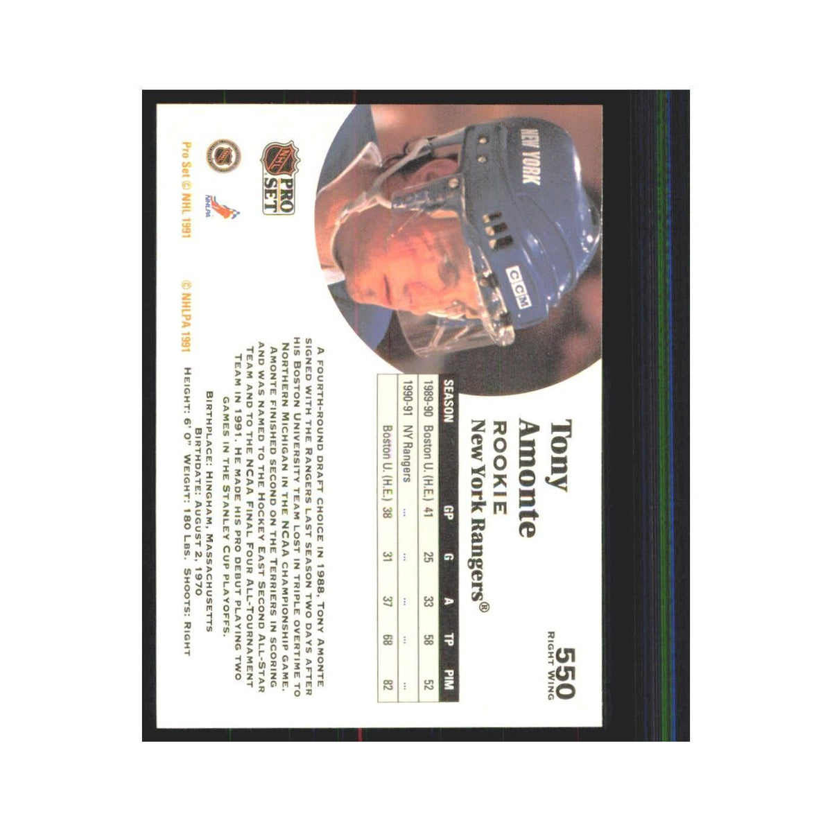 1991 Pro Set Tony Amonte RC New York Rangers #550