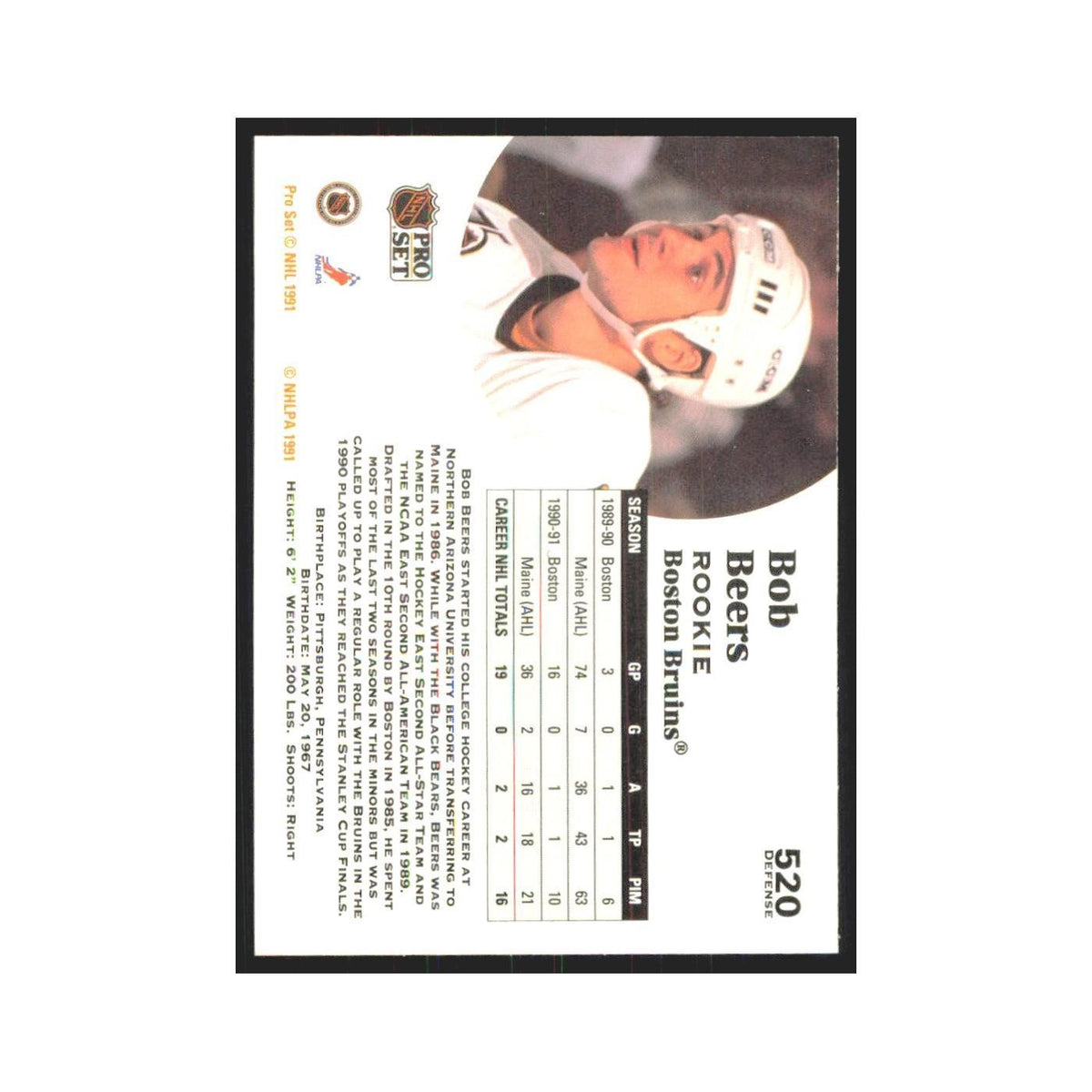 1991 Pro Set Bob Beers RC Boston Bruins #520