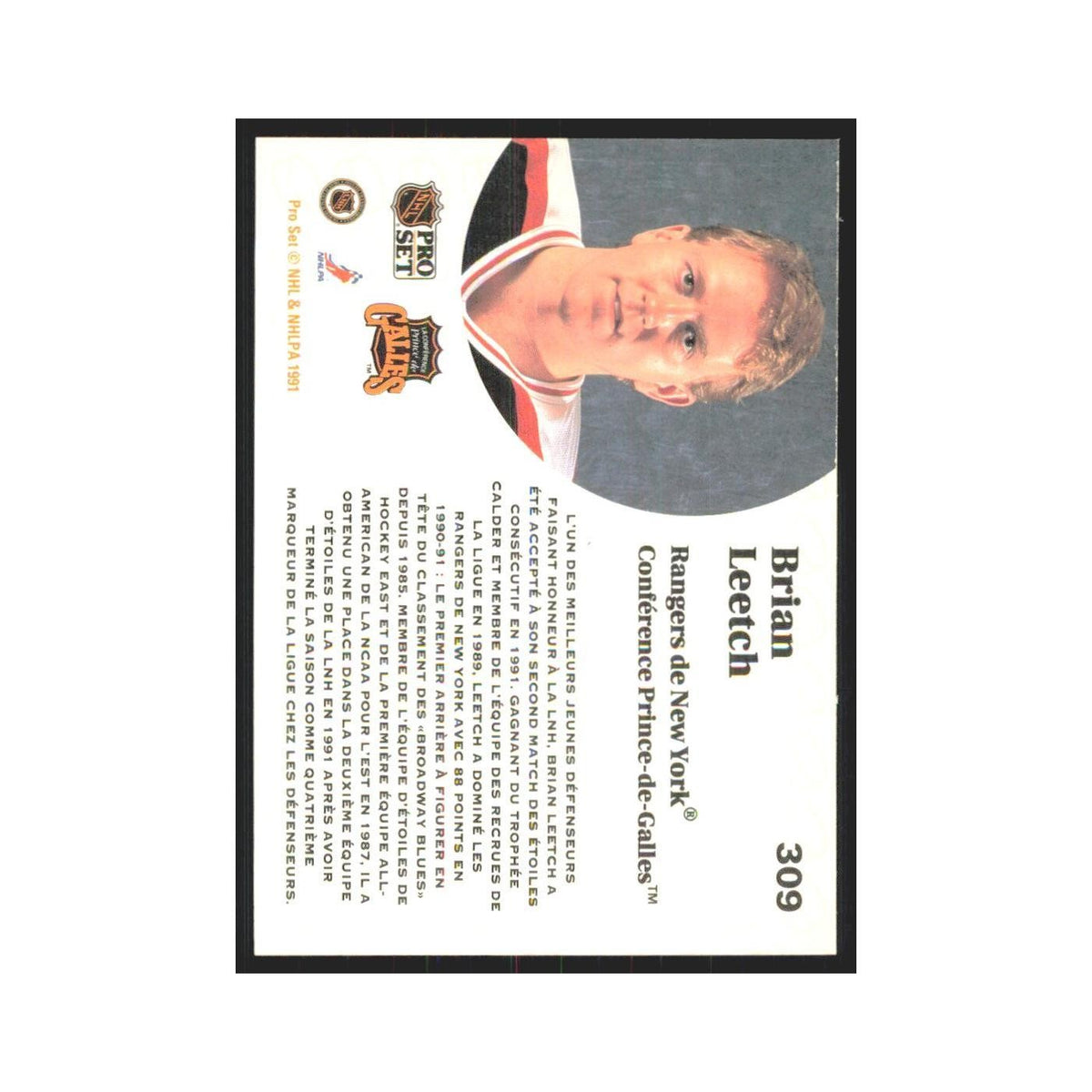 1991 Pro Set Brian Leetch New York Rangers #309