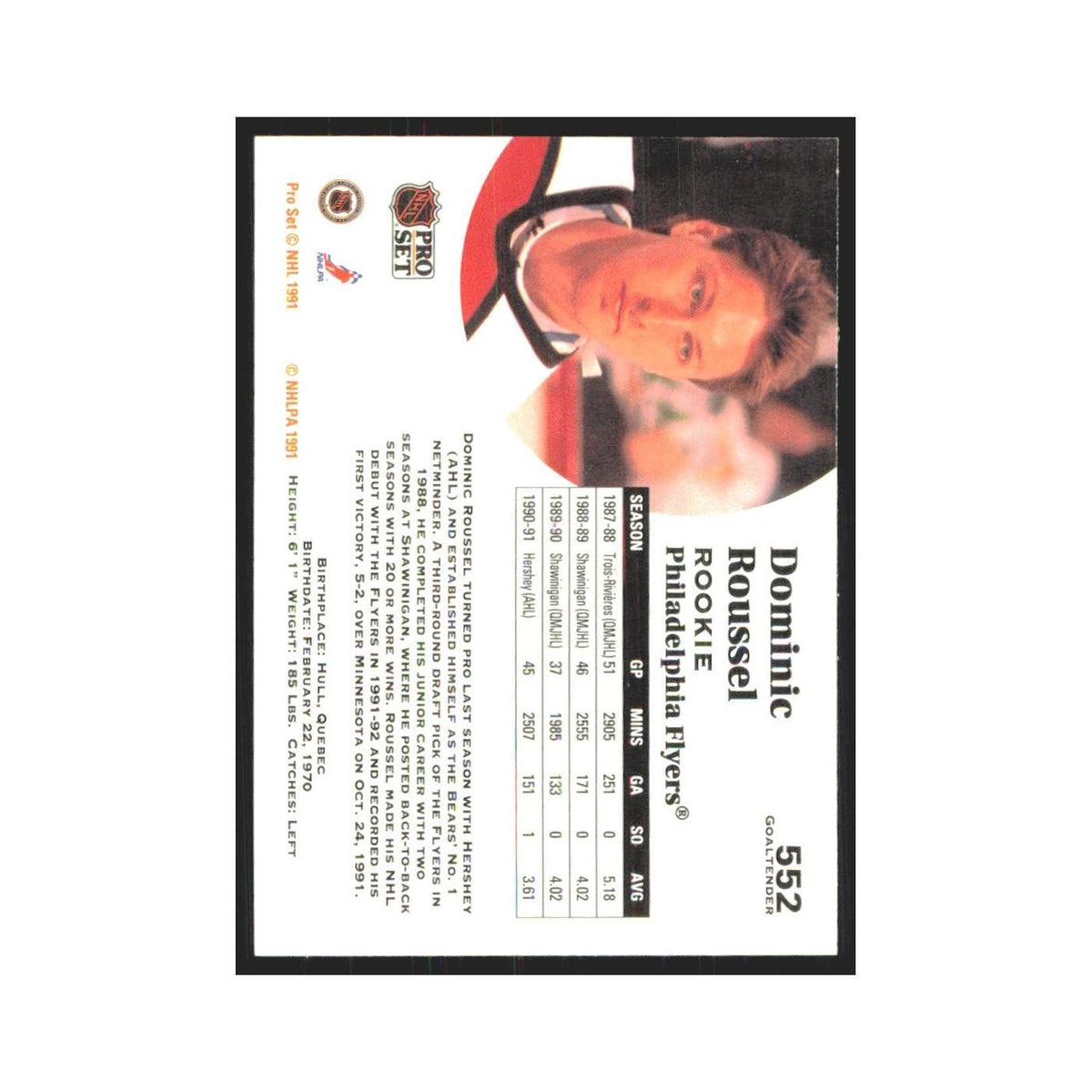 1991 Pro Set Dominic Roussel RC Philadelphia Flyers #552