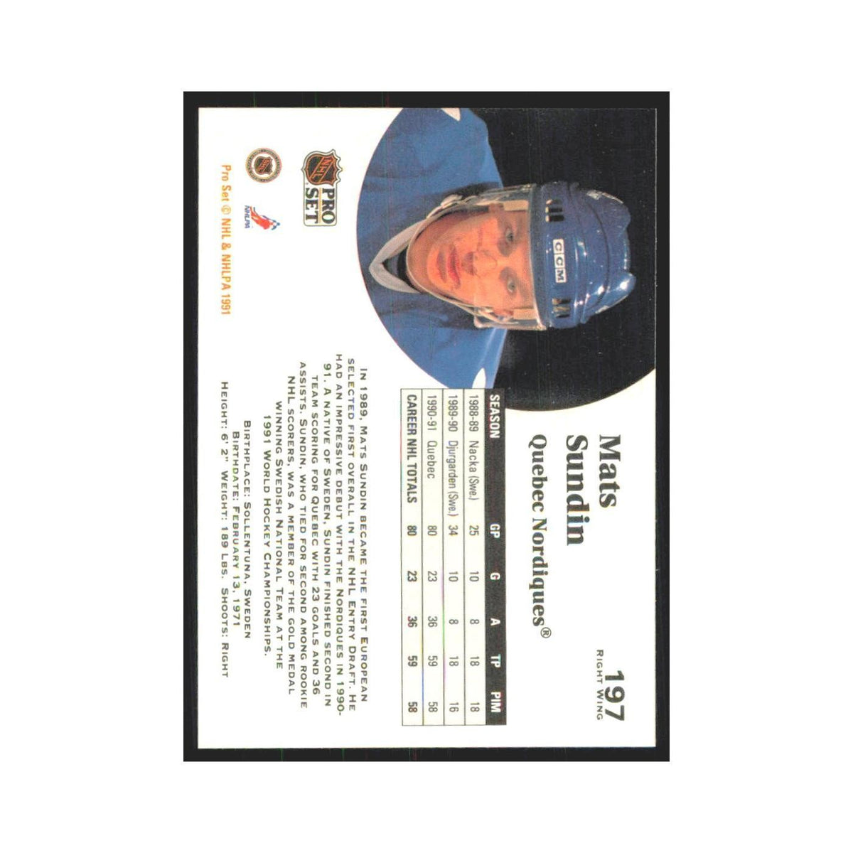 1991 Pro Set Mats Sundin Quebec Nordiques #197