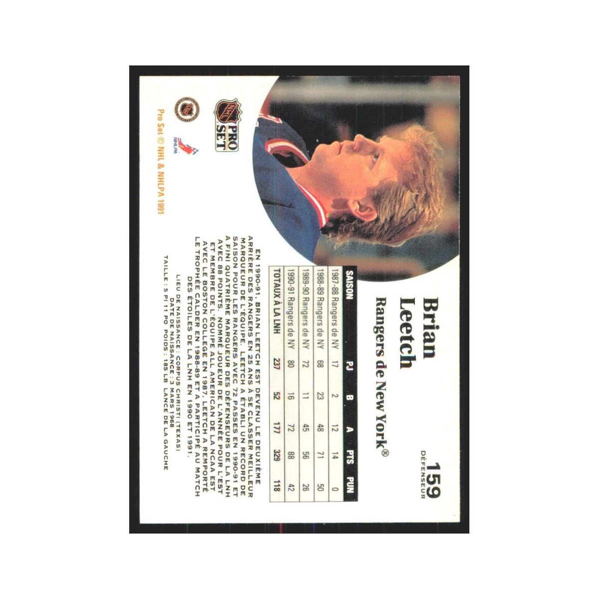 1991 Pro Set Brian Leetch New York Rangers #159