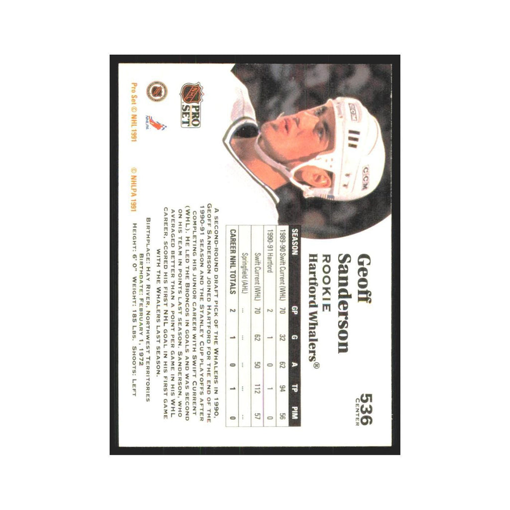 1991 Pro Set Geoff Sanderson RC Hartford Whalers #536