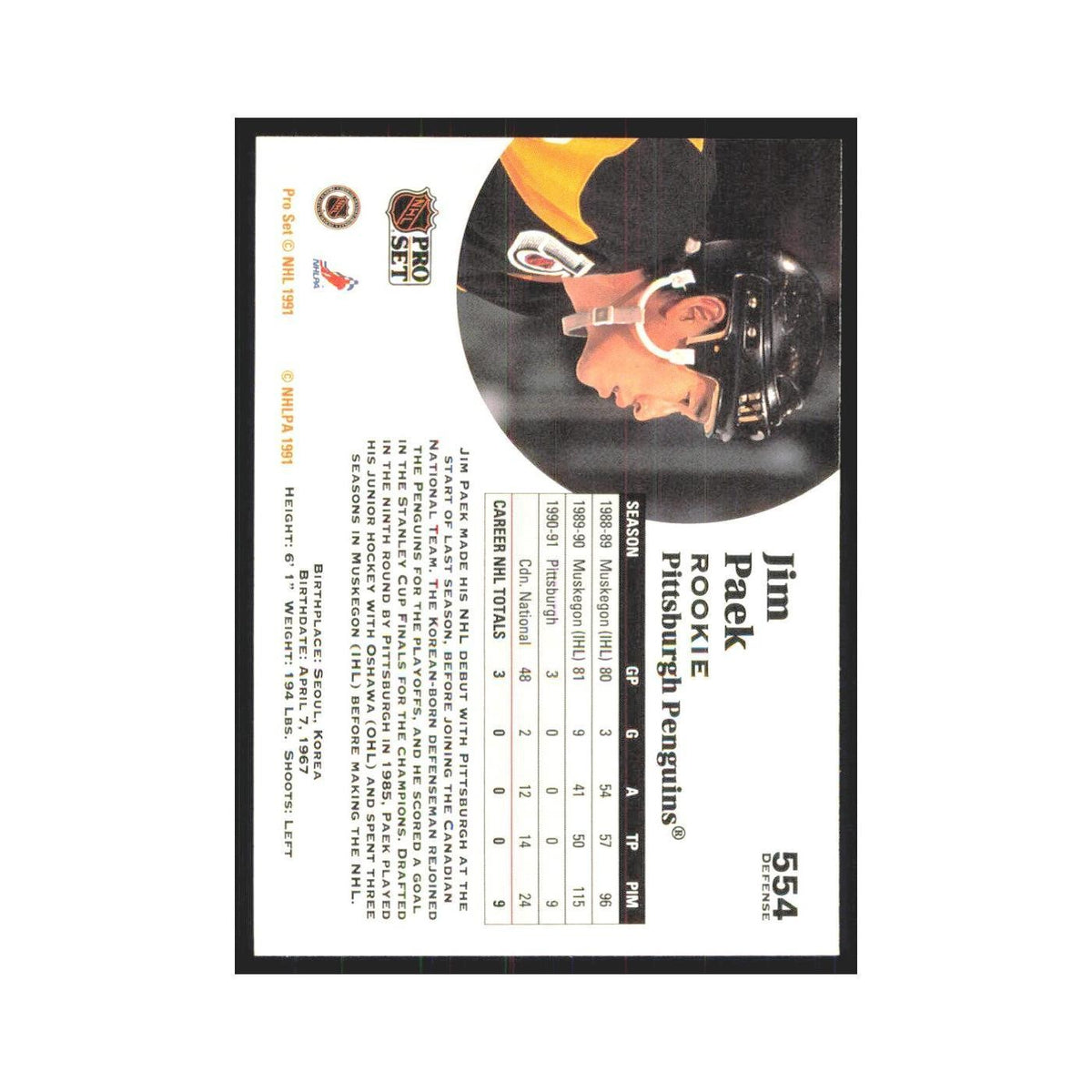 1991 Pro Set Jim Paek RC Pittsburgh Penguins #554