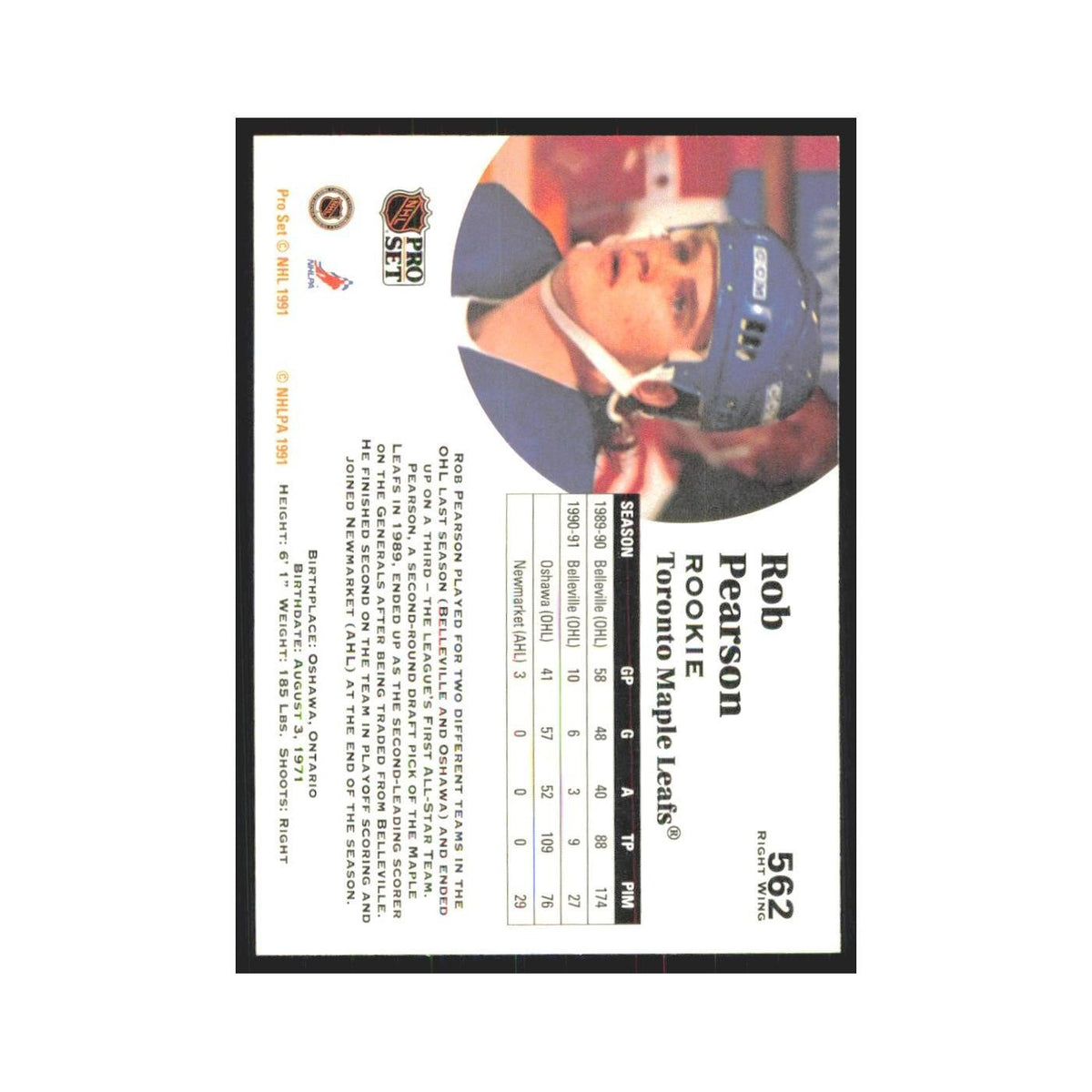 1991 Pro Set Rob Pearson RC Toronto Maple Leafs #562