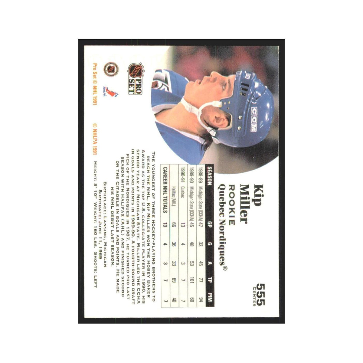 1991 Pro Set Kip Miller RC Quebec Nordiques #555