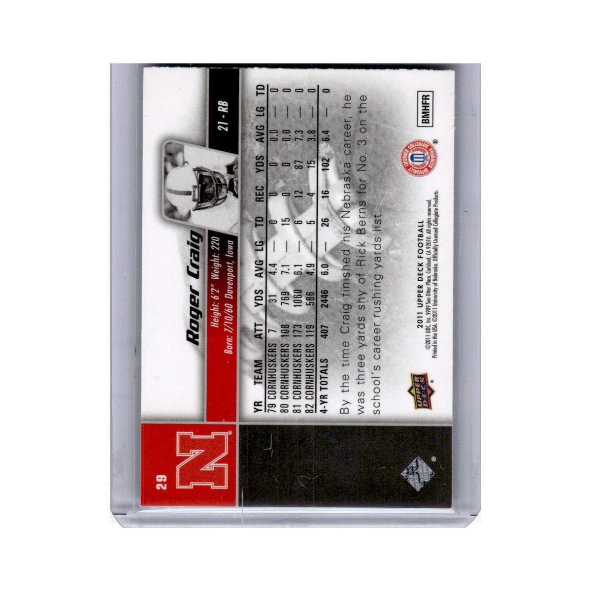 Roger Craig 2011 Upper Deck #29 Nebraska Cornhuskers Football Card NM