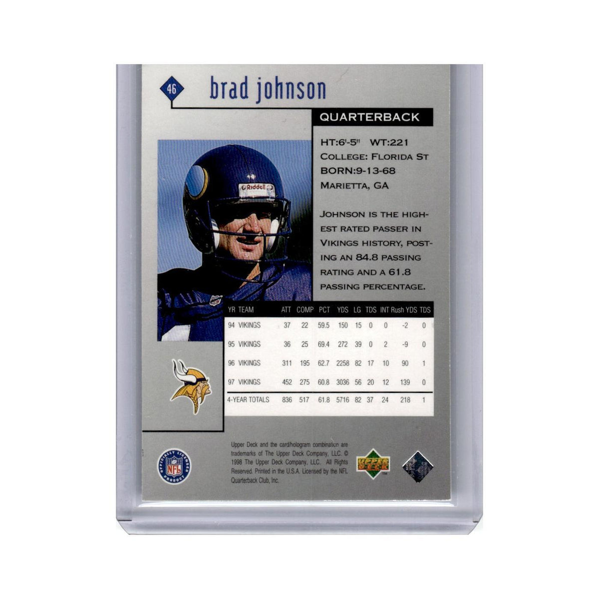 Brad Johnson 1998 Upper Deck Black Diamond #46 Minnesota Vikings NM