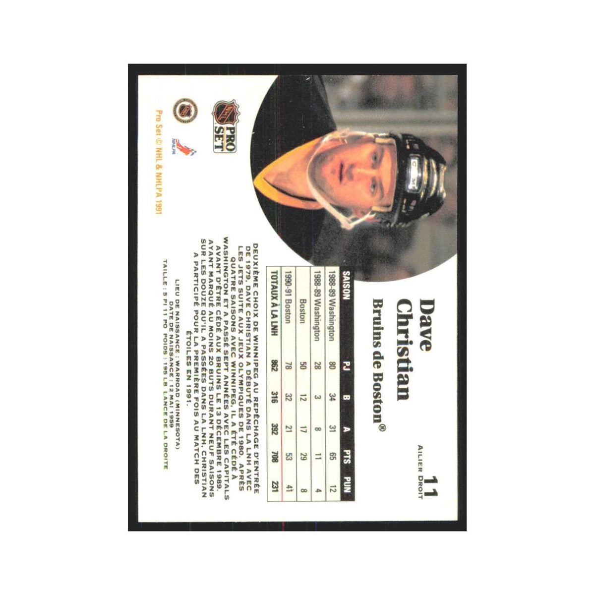 1991 Pro Set Dave Christian Boston Bruins #11