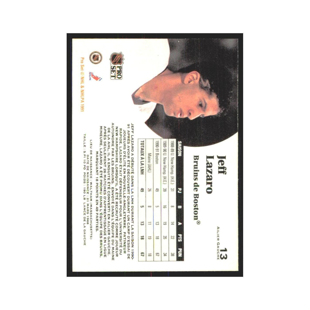 1991 Pro Set Jeff Lazaro Boston Bruins #13