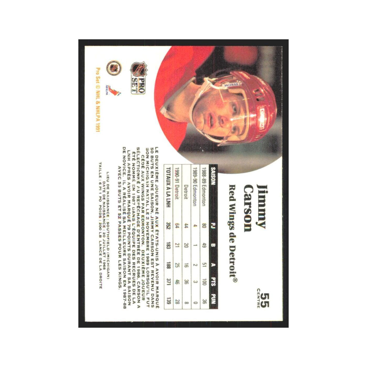1991 Pro Set Jimmy Carson Detroit Red Wings #55