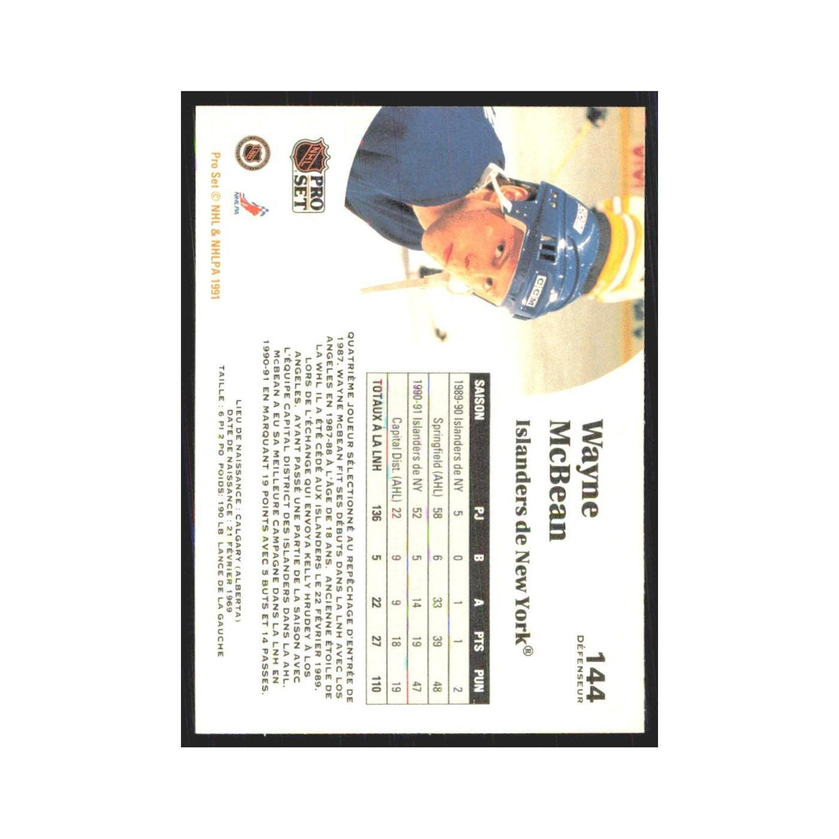 1991 Pro Set Wayne McBean New York Islanders #144
