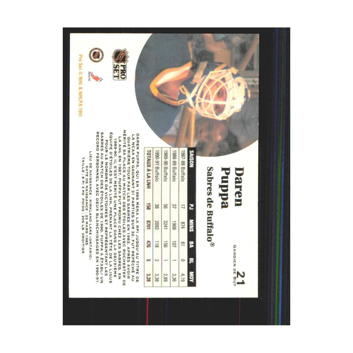 1991 Pro Set Daren Puppa Buffalo Sabres #21