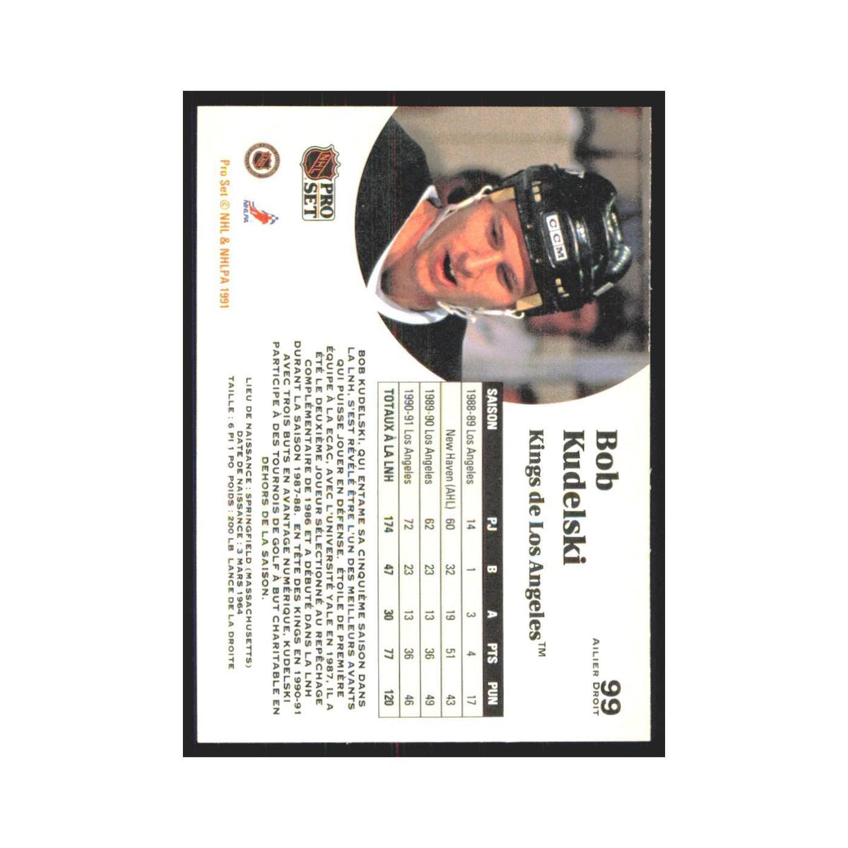 1991 Pro Set Bob Kudelski Los Angeles Kings #99